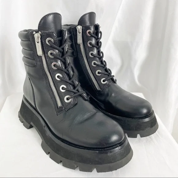 3.1 Phillip Lim Kate Lug Sole Double Zip Leather Combat Moto Boots Black Size 6
